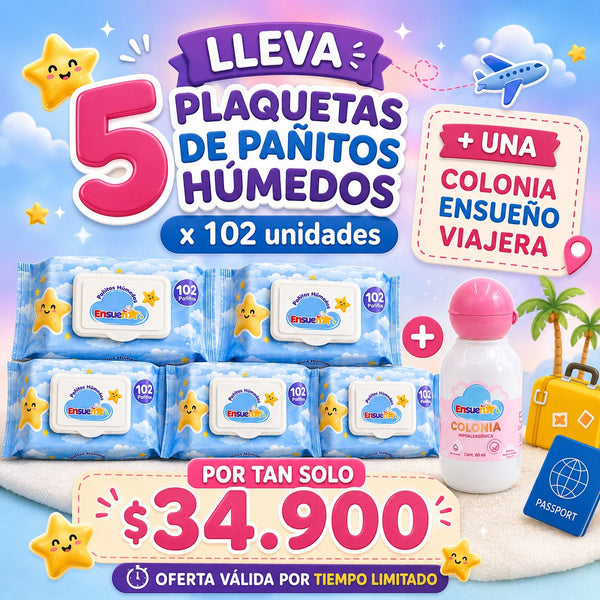OFERTA 5 PAÑITOS HÚMEDOS ENSUEÑO + OBSEQUIO COLONIA 40 ML