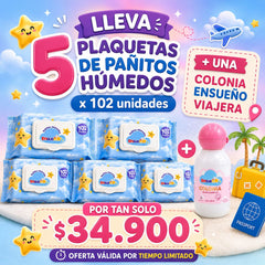 OFERTA 5 PAÑITOS HÚMEDOS ENSUEÑO + OBSEQUIO COLONIA 40 ML